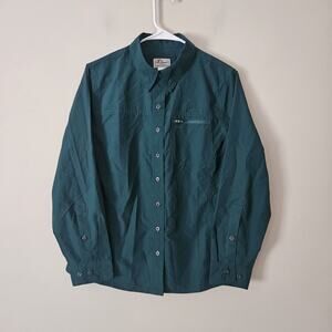 LL Bean Shirt Mens Medium Pet Green Ripstop Nylon Blend Fishing Roll Tab Sleeve